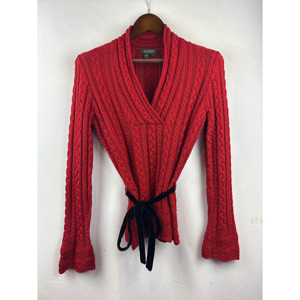 Green Label Ralph Lauren Petite Medium Red Knit Sweater w/ Black Velvet Belt
